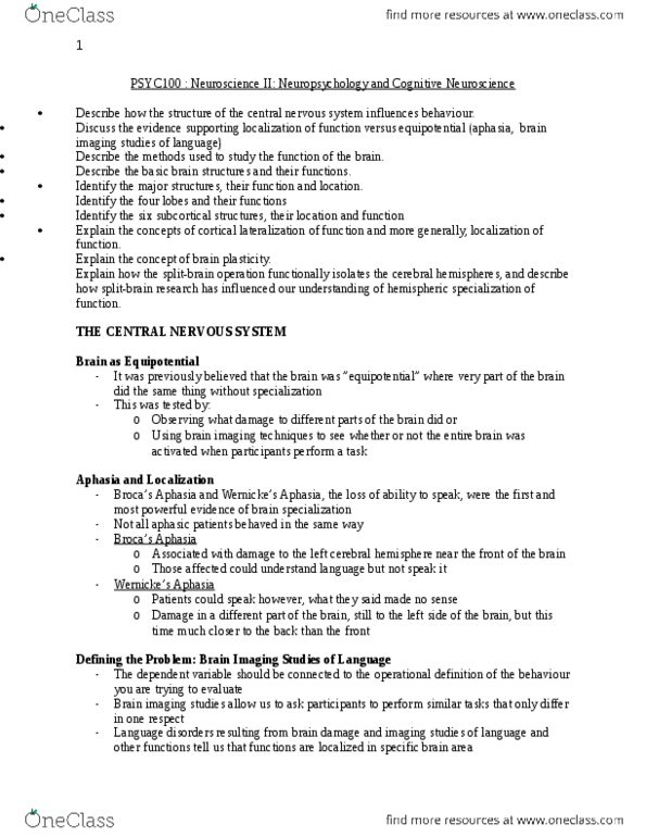 PSYC 100 Chapter Notes - Chapter 3.3-3.4: Equipotential, Aphasia, Neuroplasticity thumbnail