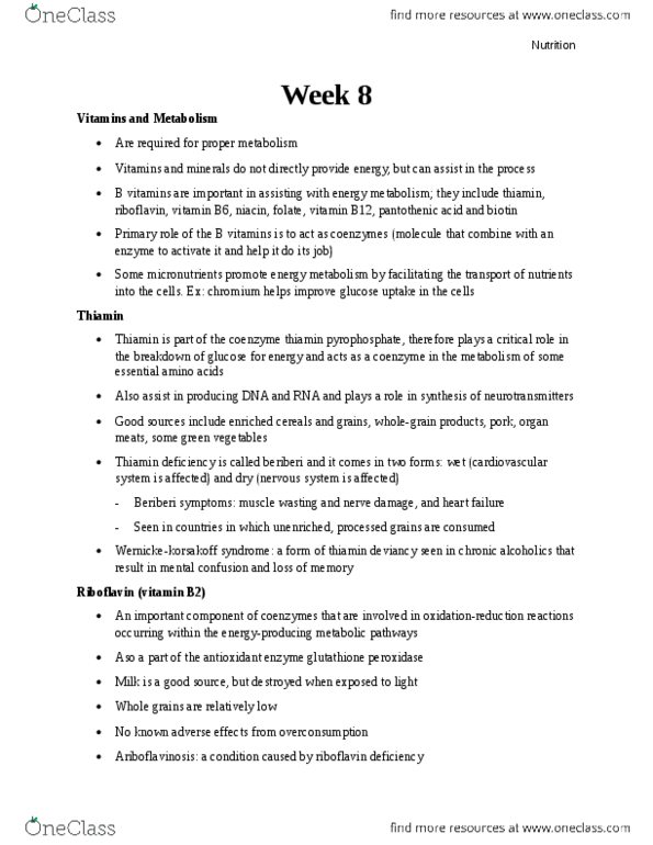 FNN 111 Chapter Notes - Chapter 10: Vitamin B12 Deficiency, Thiamine Pyrophosphate, Glutathione Peroxidase thumbnail