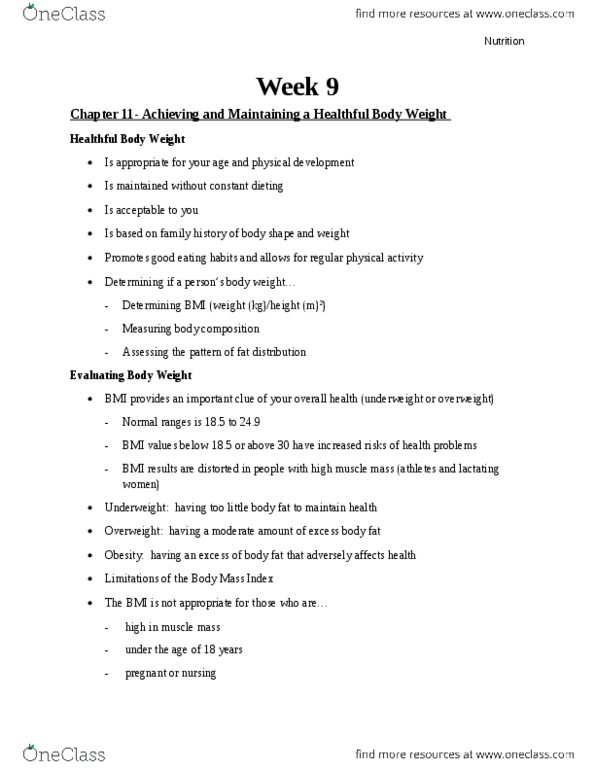 FNN 111 Chapter Notes - Chapter 11-12: Bioelectrical Impedance Analysis, Body Composition, Body Mass Index thumbnail