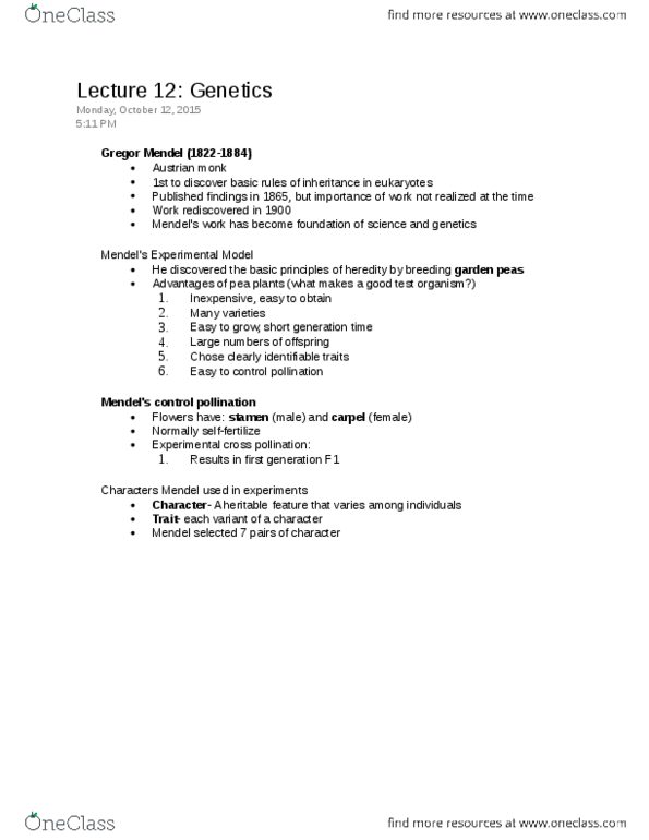 01:119:115 Lecture Notes - Lecture 12: Gregor Mendel, Stamen, Gynoecium thumbnail