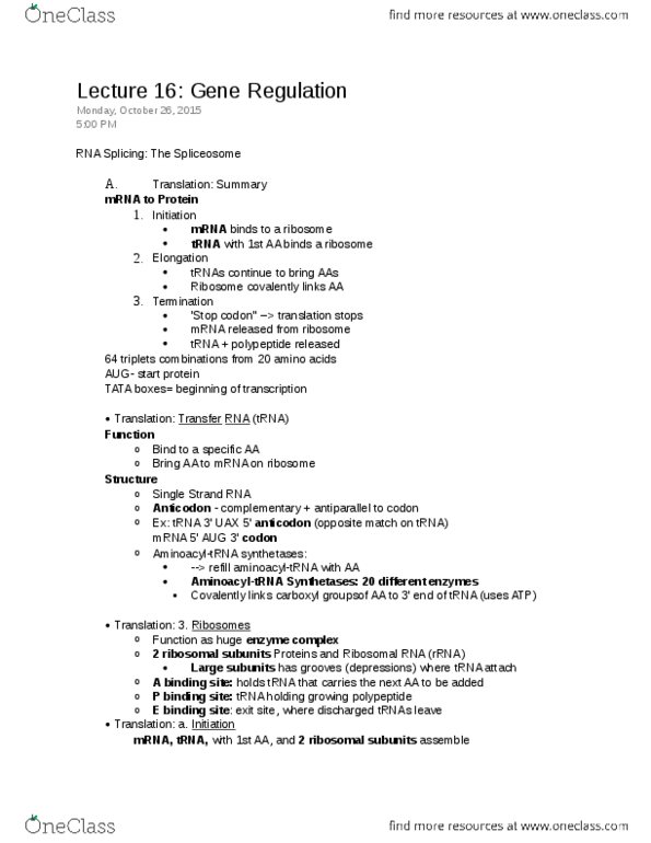 01:119:115 Lecture Notes - Lecture 16: Stop Codon, Start Codon, Transfer Rna thumbnail