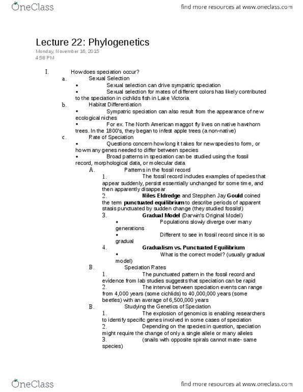 01:119:115 Lecture Notes - Lecture 22: Sympatric Speciation, Niles Eldredge, Punctuated Equilibrium thumbnail