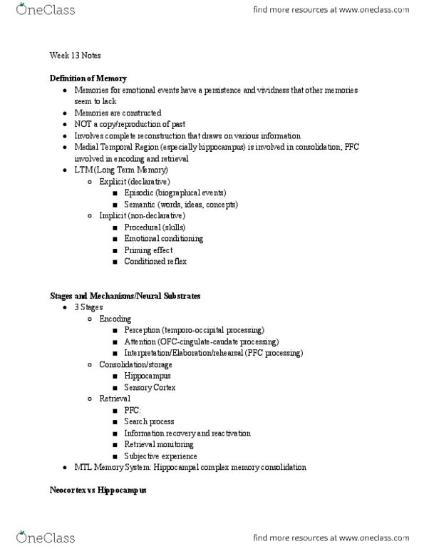 PSY-4039R Lecture Notes - Lecture 23: Memory Consolidation, Semantic Memory, Episodic Memory thumbnail