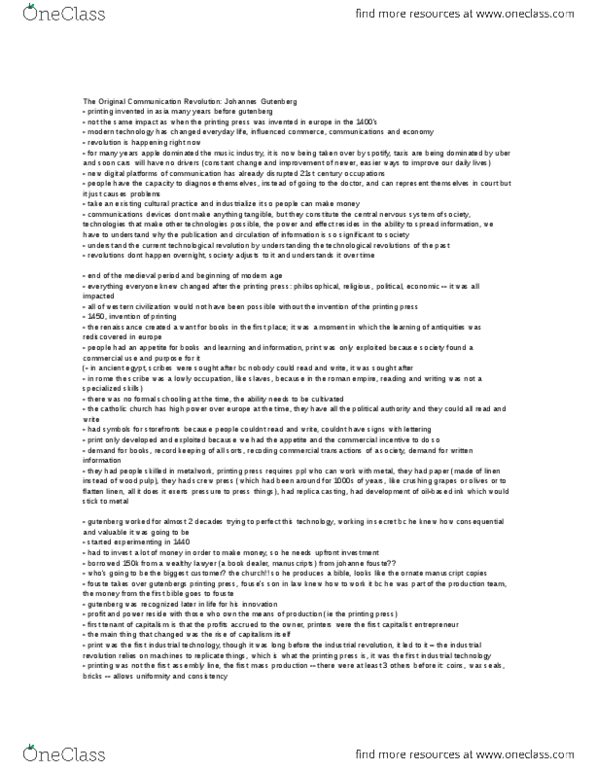 JOUR 1001 Lecture Notes - Lecture 2: Johannes Gutenberg, Industrial Revolution, Unbridled thumbnail