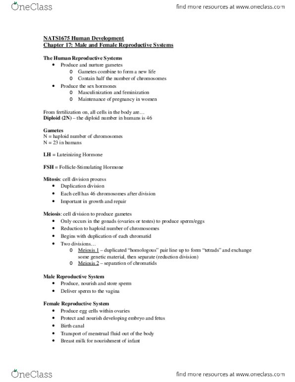 NATS 1675 Lecture Notes - Lecture 3: Reproductive System, Ploidy, Meiosis thumbnail