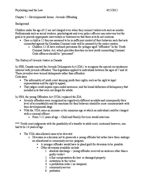 PSYB01H3 Chapter Notes - Chapter 5: Youth Criminal Justice Act, Young Offenders Act, Family Process thumbnail