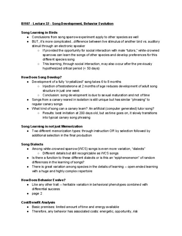 CAS BI 107 Lecture Notes - Lecture 32: Song Sparrow, Reconsideration Of A Motion, Epiphenomenon thumbnail