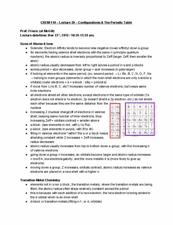 CHEM 110 Lecture Notes - Lecture 30: Atomic Radius, Electronegativity, Noble Gas thumbnail