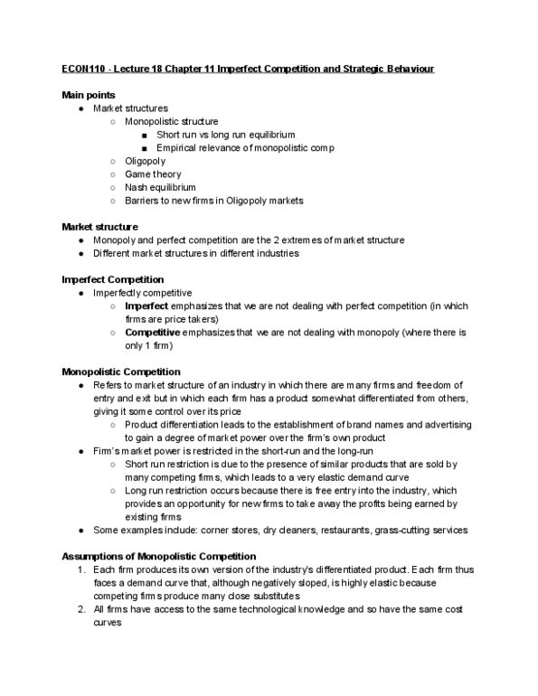 ECON 110 Lecture Notes - Lecture 18: Monopolistic Competition, Nash Equilibrium, Market Structure thumbnail