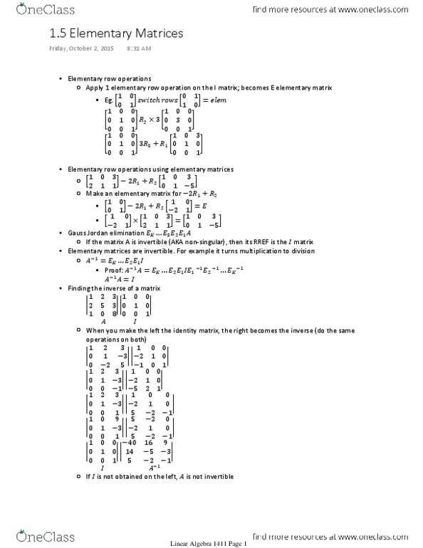 Applied Mathematics 1411A/B Lecture Notes - Lecture 5: Elementary Matrix, Identity Matrix thumbnail
