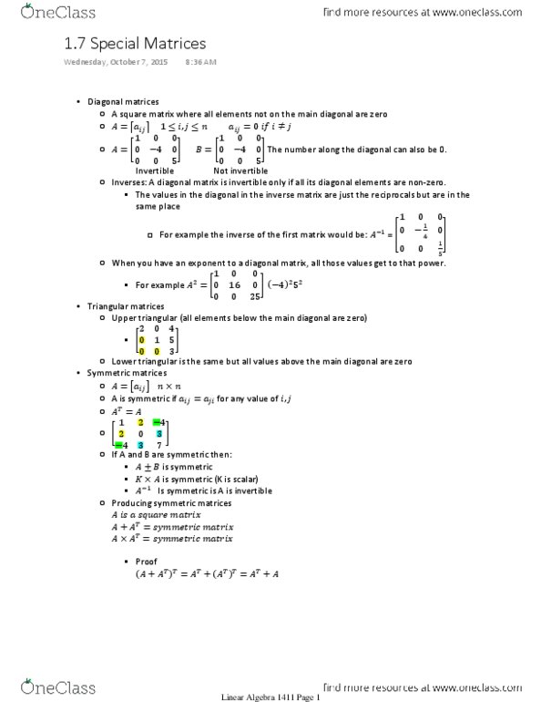 Applied Mathematics 1411A/B Lecture 7: 1.7 Special Matrices thumbnail