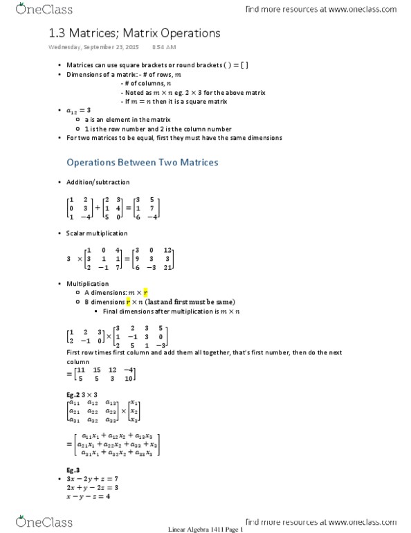 Applied Mathematics 1411A/B Lecture Notes - Lecture 3: Matrix Multiplication, Scalar Multiplication, Transpose thumbnail