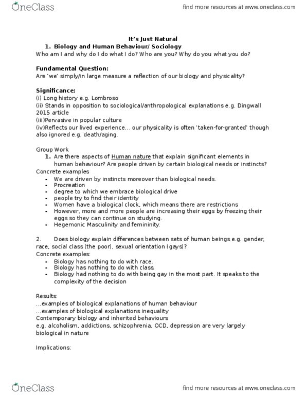 SOCI 2P95 Lecture Notes - Lecture 2: Human Behaviour, Human Nature, Masculinity thumbnail