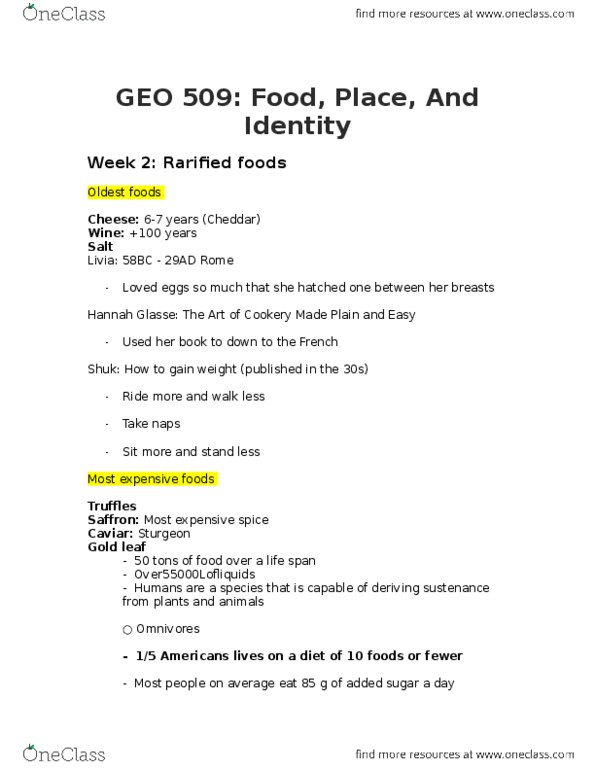 GEO 509 Lecture Notes - Lecture 2: Hannah Glasse, Gold Leaf, Eric Schlosser thumbnail