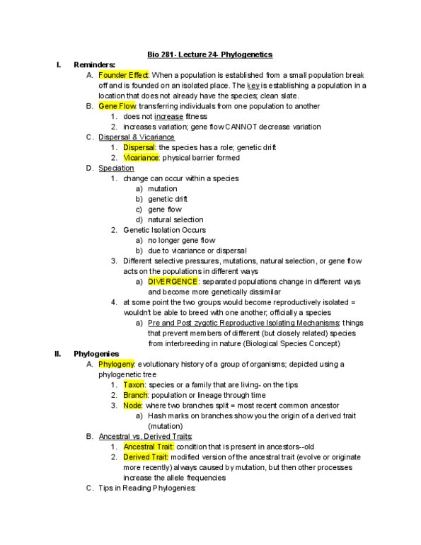 BIO 281 Lecture Notes - Lecture 24: Natural Selection 2, Genetic Drift, Phylogenetics thumbnail