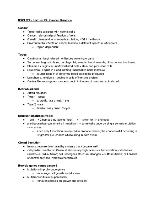 BSCI 222 Lecture Notes - Lecture 23: Tumor Suppressor Gene, Mutation, Blastoma thumbnail