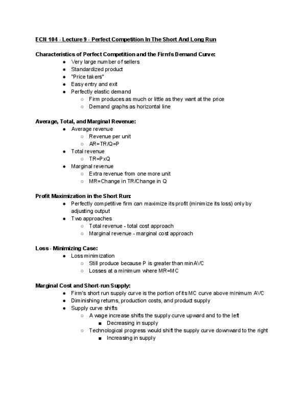 ECN 104 Lecture Notes - Lecture 9: Marginal Revenue, Profit Maximization, Longrun thumbnail