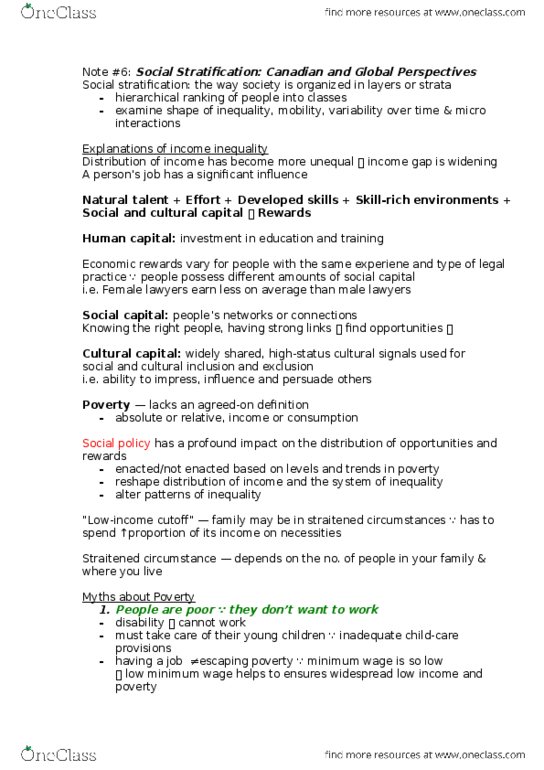 SOC100H5 Chapter Notes - Chapter 6: Social Stratification, Cultural Capital, International Inequality thumbnail