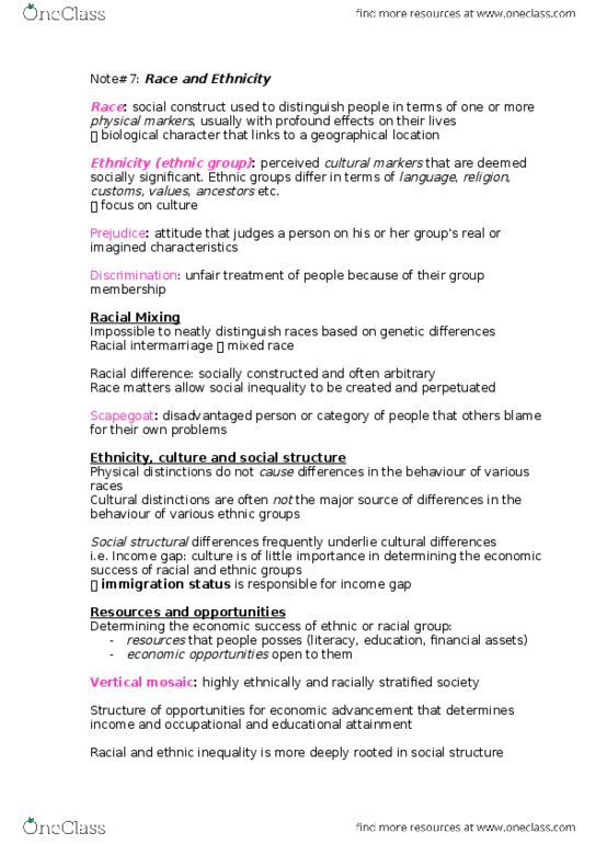 SOC100H5 Chapter Notes - Chapter 7: Ethnic Group, Social Inequality, Racialization thumbnail