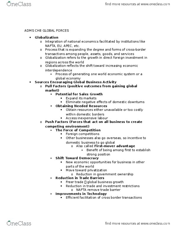 ADMS 1000 Chapter Notes - Chapter 8: Trade Barrier, Franchising, North American Free Trade Agreement thumbnail