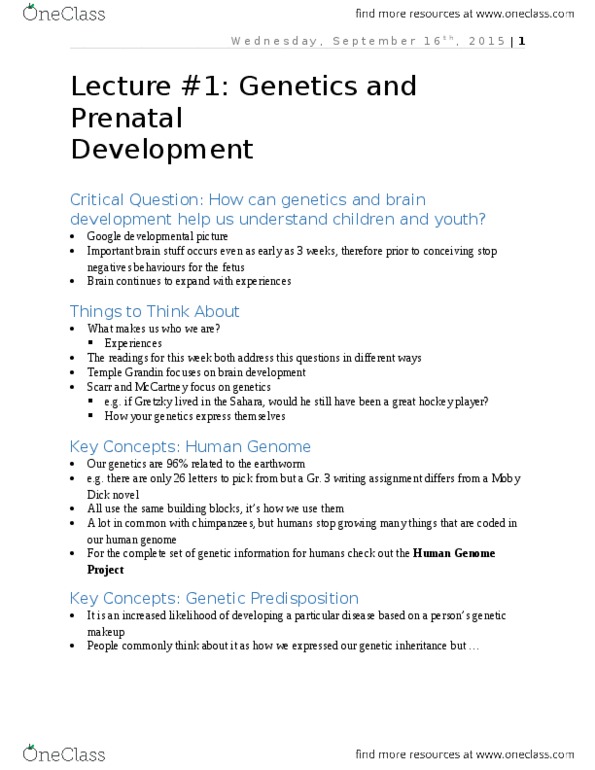 CHYS 1F90 Lecture Notes - Lecture 2: Human Genome Project, Prenatal Development, Fetus thumbnail