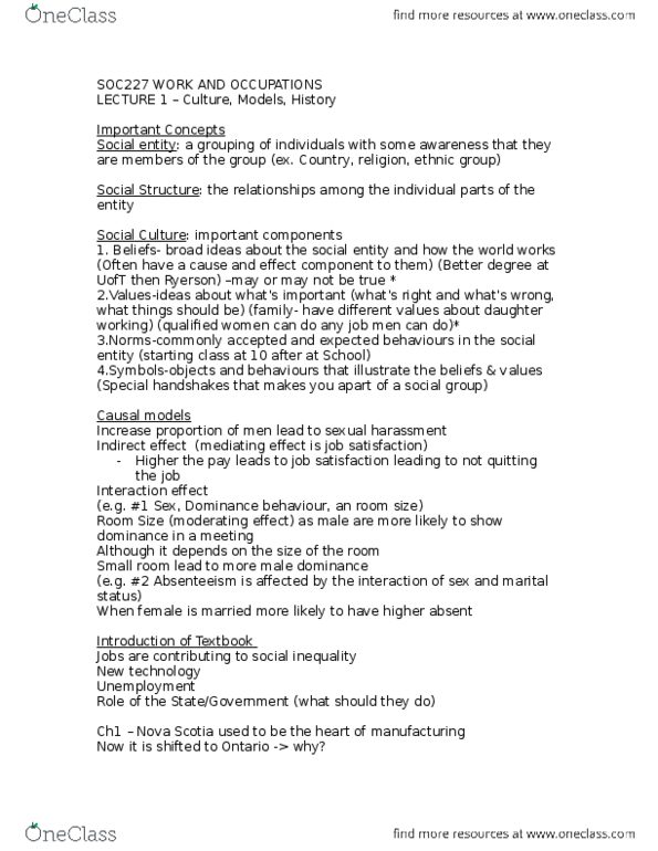 SOC227H5 Lecture Notes - Lecture 1: Work And Occupations, Job Satisfaction, Absenteeism thumbnail