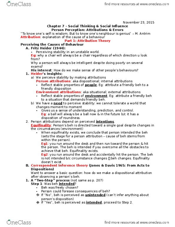 Psychology 2035A/B Lecture Notes - Lecture 6: Dispositional Attribution, Revised Version, Railways Act 1921 thumbnail