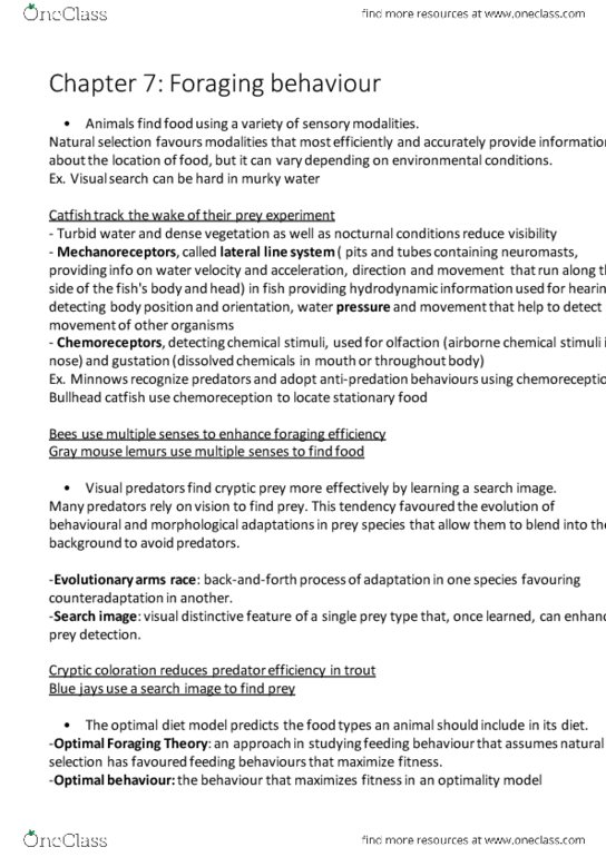 LIFESCI 2D03 Chapter Notes - Chapter 7: Ameiurus, Optimal Foraging Theory, Evolutionary Arms Race thumbnail