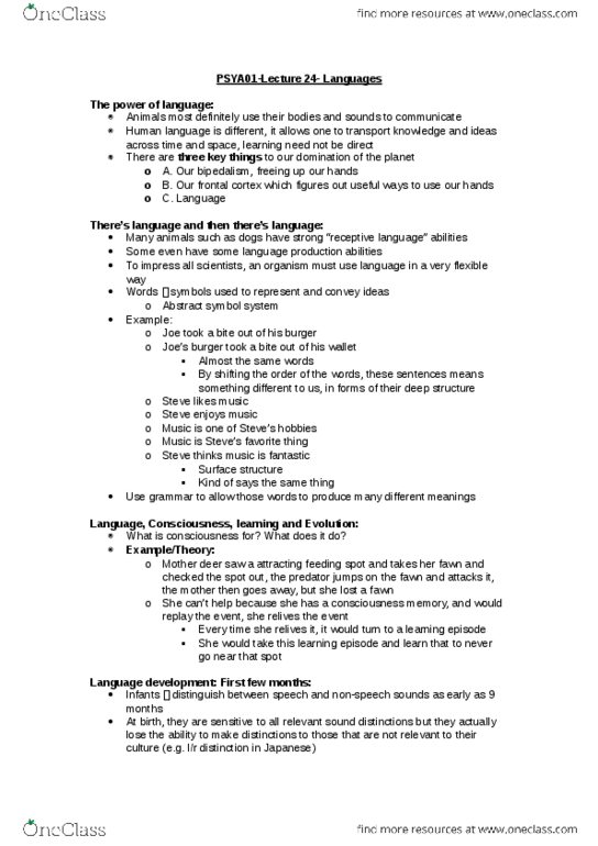 PSYA01H3 Lecture Notes - Lecture 24: Deep Structure And Surface Structure, Frontal Lobe, Language Development thumbnail