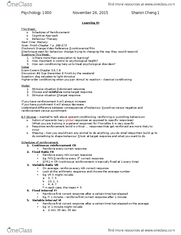 Psychology 1000 Lecture Notes - Lecture 15: B. F. Skinner, Classical Conditioning, Operant Conditioning thumbnail