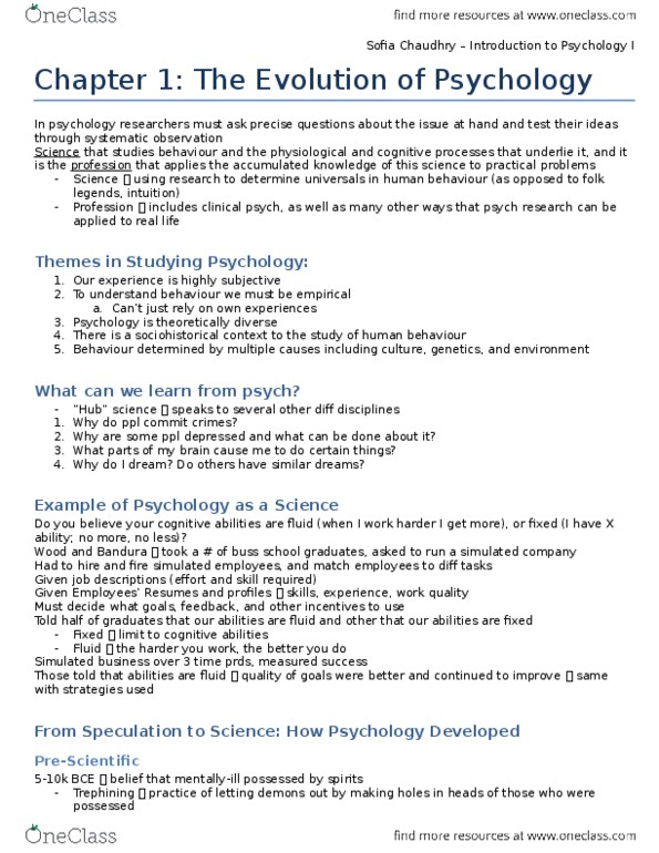 PSYC 1001 Chapter Notes - Chapter 1: Clinical Psychology, Behaviorism, Edward B. Titchener thumbnail