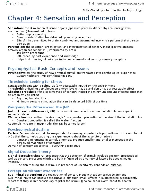 PSYC 1001 Chapter Notes - Chapter 4: Gustav Fechner, Detection Theory, Subliminal Stimuli thumbnail