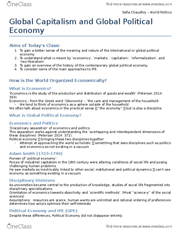 PSCI 1200 Lecture Notes - Lecture 8: International Political Economy, World Politics, Neoliberalism thumbnail