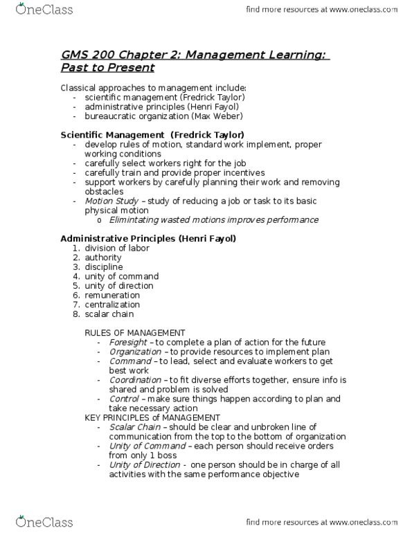 GMS 200 Lecture Notes - Lecture 2: Hawthorne Effect, Scientific Management, Self-Actualization thumbnail