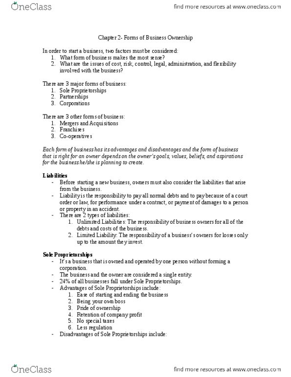 MGM101H5 Lecture Notes - Lecture 4: Sole Proprietorship, Limited Liability, Franchising thumbnail