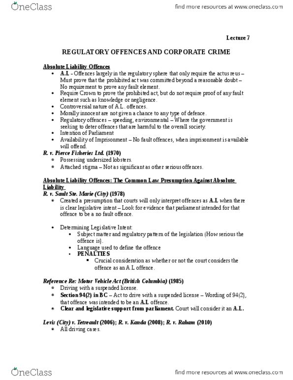 CRM 200 Lecture Notes - Lecture 7: Regulatory Offence, Actus Reus, Legislative Intent thumbnail