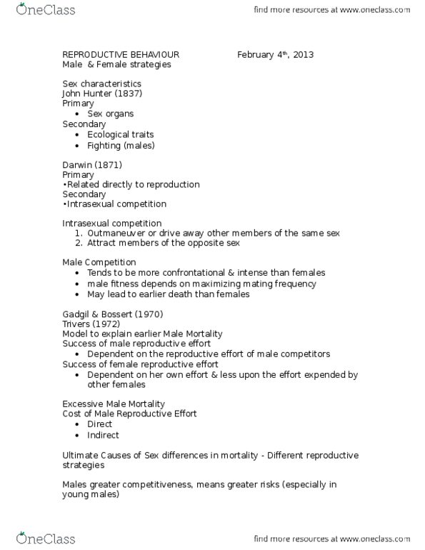 ANT331H5 Lecture Notes - Lecture 5: Sex Organ, Sexual Characteristics, Parental Investment thumbnail