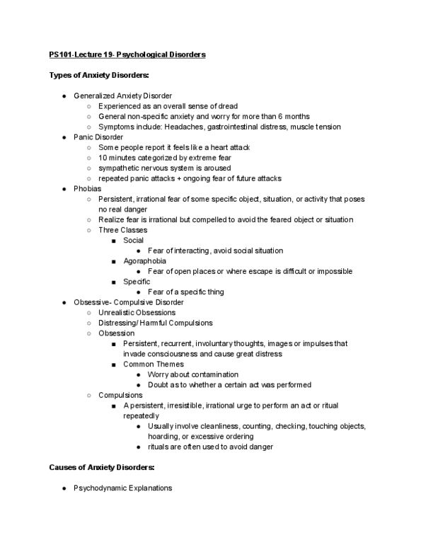 PS101 Lecture Notes - Lecture 19: Obsessive–Compulsive Disorder, Generalized Anxiety Disorder, Panic Disorder thumbnail