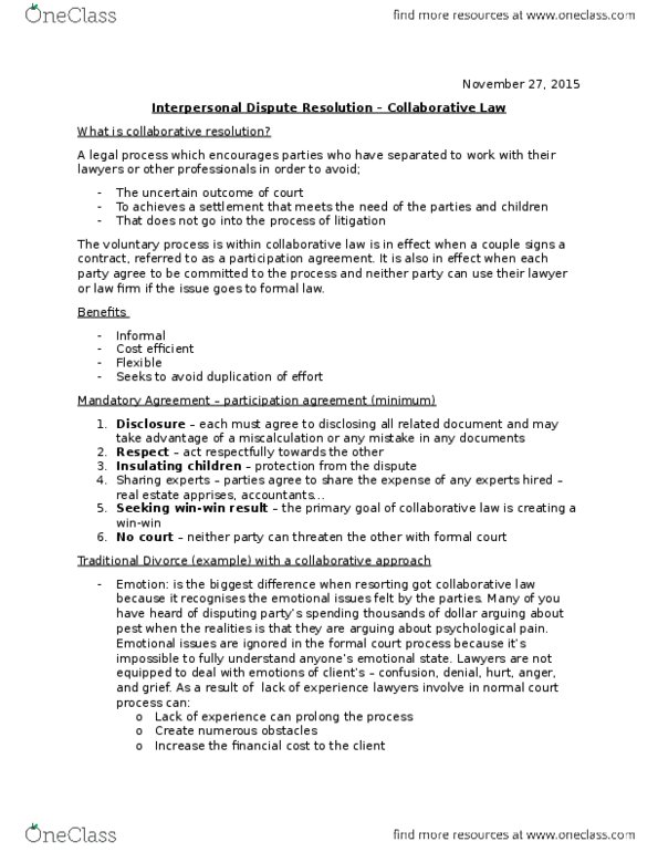 JURI-2136EL Lecture Notes - Lecture 17: Collaborative Law thumbnail