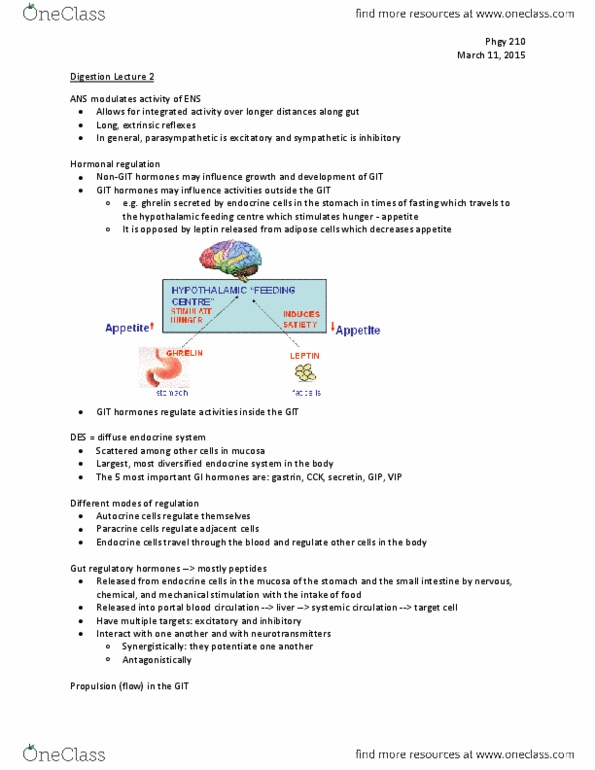 PHGY 210 Lecture Notes - Lecture 2: Gastrin, Ghrelin, Autocrine Signalling thumbnail