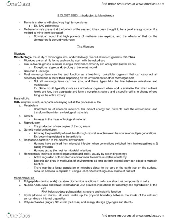 BIOLOGY 2EE3 Lecture Notes - Lecture 1: Chemical Evolution, Archaea, Nuclear Membrane thumbnail