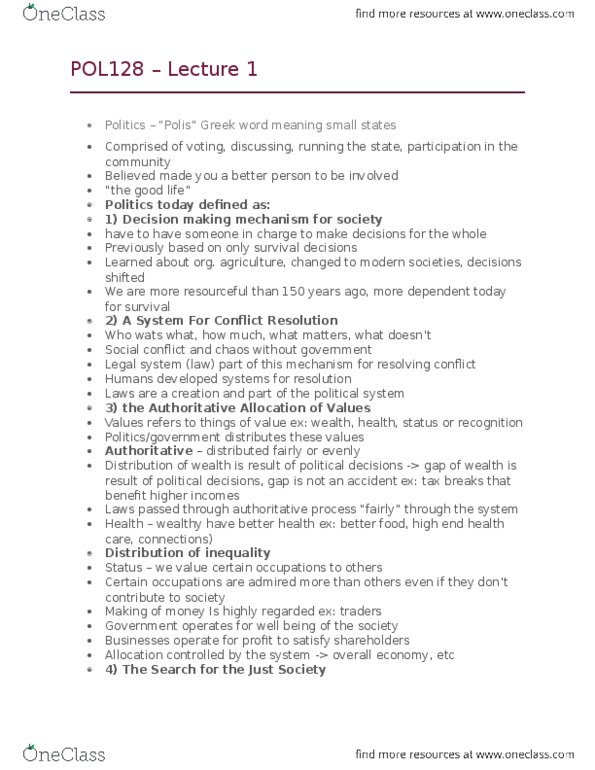 POL 128 Lecture Notes - Lecture 1: Decision-Making, Social Conflict thumbnail