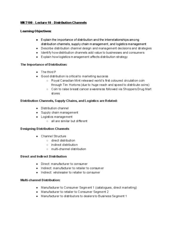 MKT 100 Lecture Notes - Lecture 10: Royal Canadian Mint, Tim Hortons, Logistics thumbnail