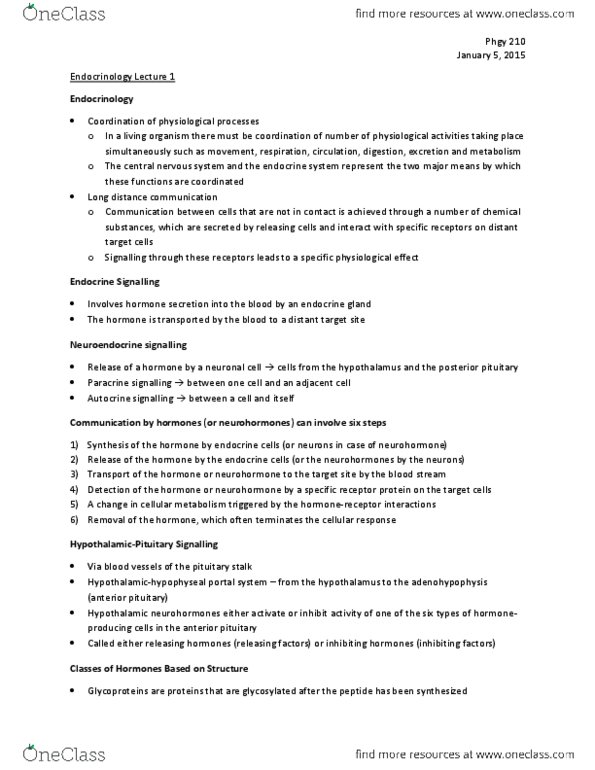 PHGY 210 Lecture Notes - Lecture 1: Posterior Pituitary, Neurohormone, Pituitary Stalk thumbnail