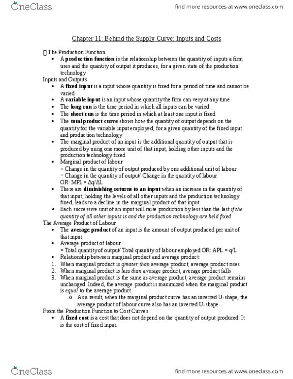 ECO100Y5 Chapter Notes - Chapter 11: Average Cost, Average Variable Cost, Marginal Product thumbnail