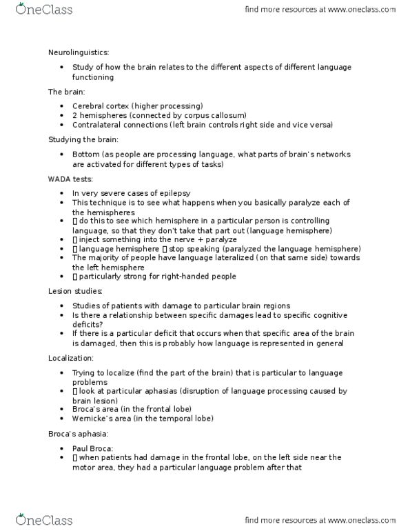 PSYCH320 Lecture Notes - Lecture 19: Paul Broca, Frontal Lobe, Temporal Lobe thumbnail