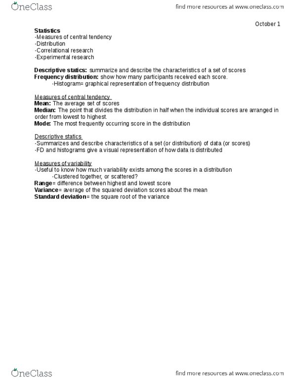 Psychology 1000 Lecture Notes - Lecture 9: Frequency Distribution, Central Tendency, Histogram thumbnail