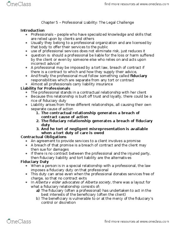 BU231 Chapter Notes - Chapter 5: Fiduciary, Liability Insurance, Special Relationship thumbnail