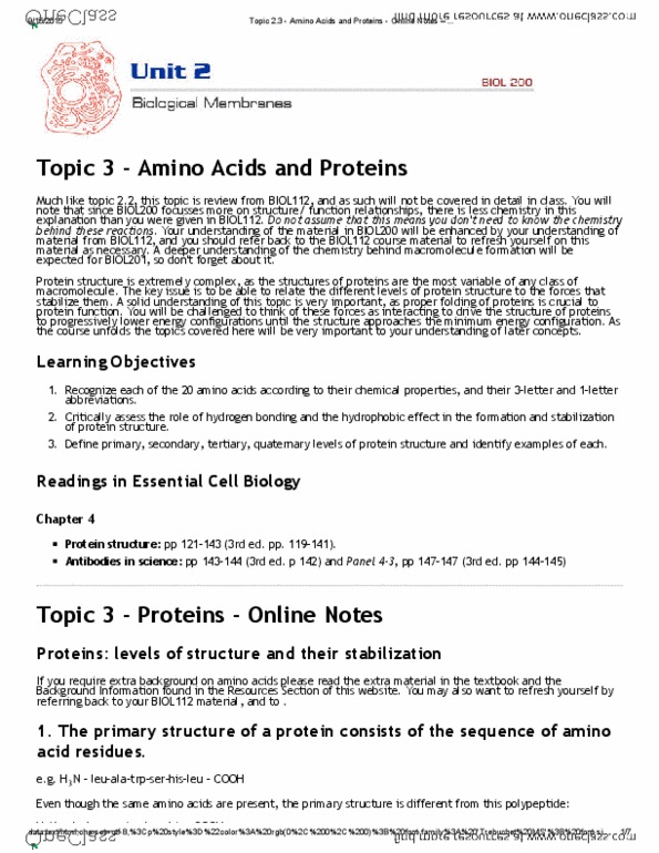 BIOL 201 Lecture 5: Topic 2.3 - Amino Acids and Proteins - Online Notes – . thumbnail