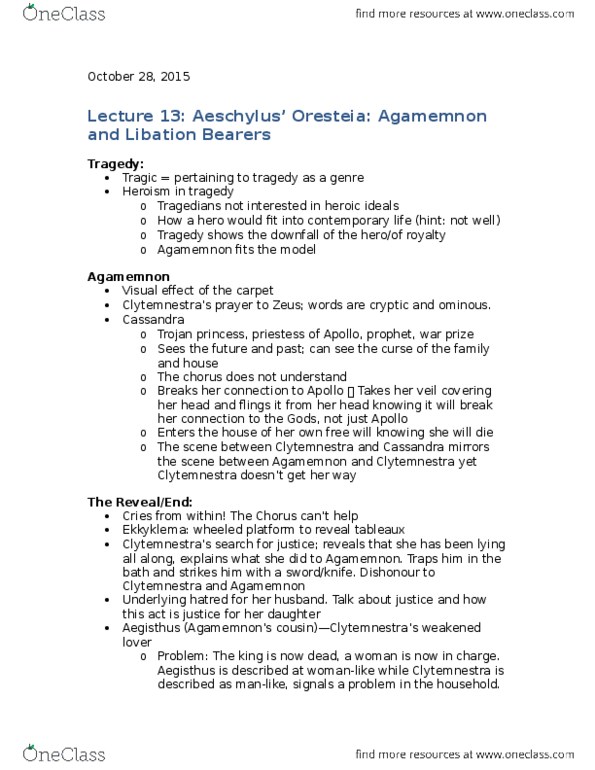 CLASSICS 1B03 Lecture Notes - Lecture 13: Oresteia, Clytemnestra, Aeschylus thumbnail